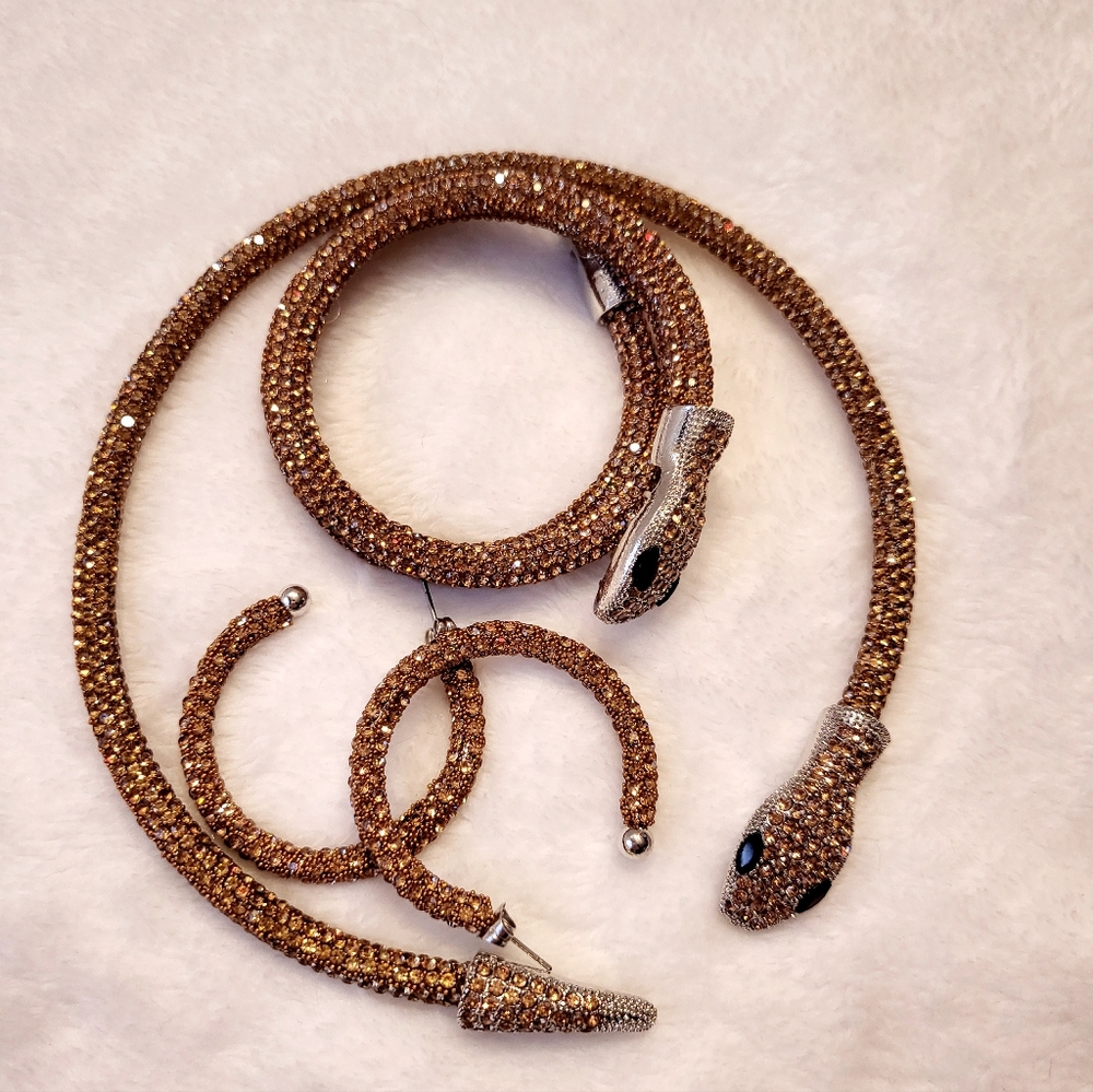 Snake Crystal Necklace Bracelet and Earrings set in Goldtone